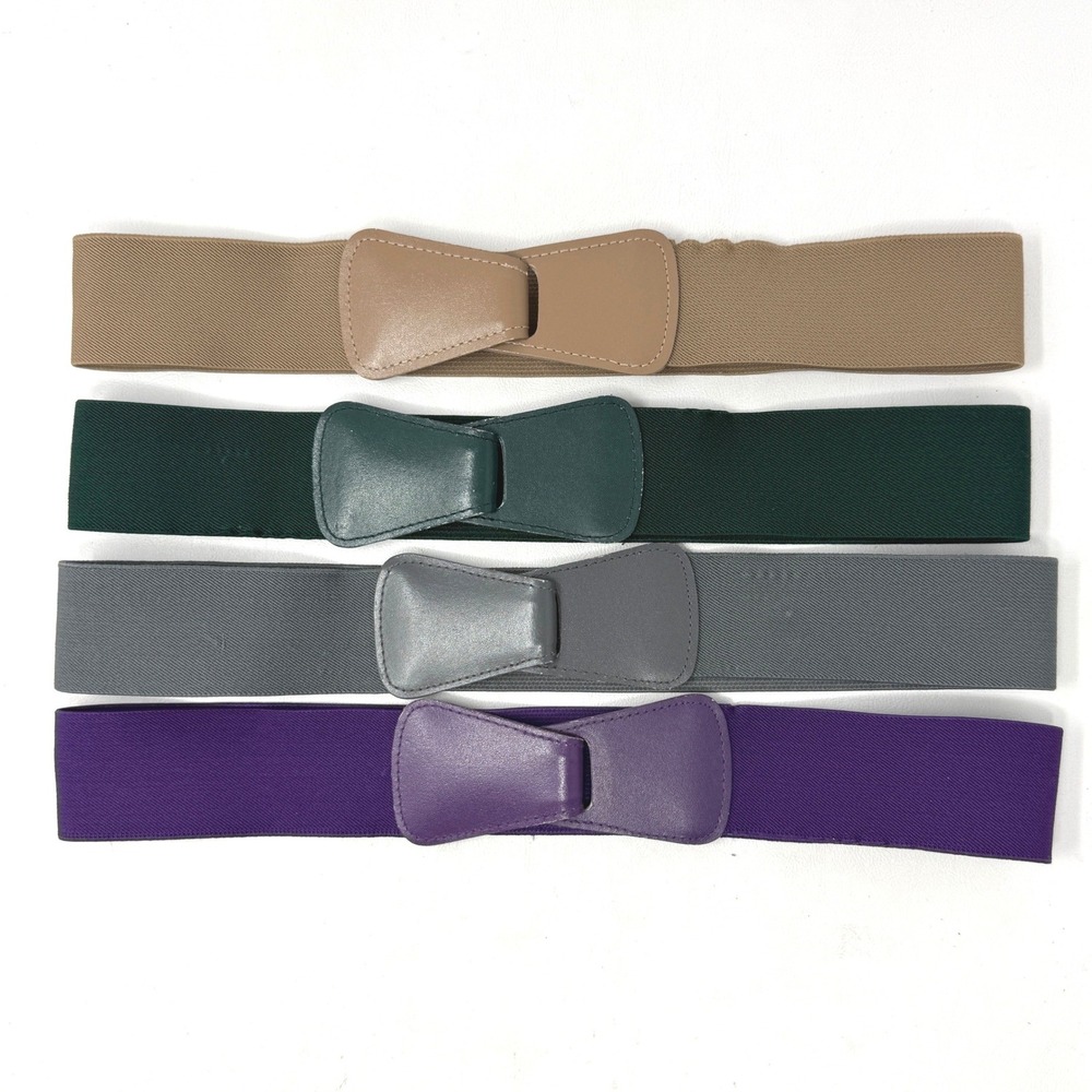 Vtg 90s Stretch Set 4 Belts Hunter Green Purple Tan Gray Preppy Tailored Chic